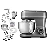 MEDION 4 in 1 Universal Küchenmaschine (1.200 Watt, 8 Stufen, Mischen Kneten Rühren Mixen Fleischwolf, Eisschüssel für Zubereitung von Eis, digitales Display, MD18440) Titan