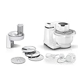 Bosch Küchenmaschine Serie 2 MUMS2AW01, 3,8l Kunststoff-Schüssel, Durchlaufschnitzler, 4 Scheiben, 4 Stufen, Knethaken/Rührbesen/Schlagbesen, spülm.fest, 700 W, weiß